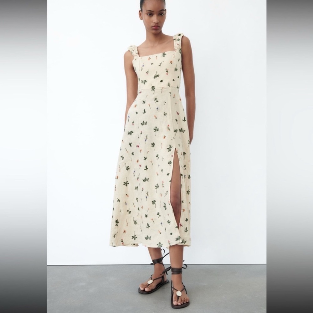 Zara Embroidered Cream Midi Dress